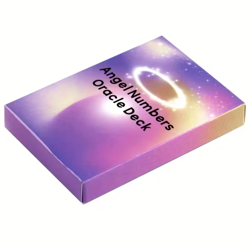 Box of Angel Numbers Oracle Deck with a purple and pink gradient design.