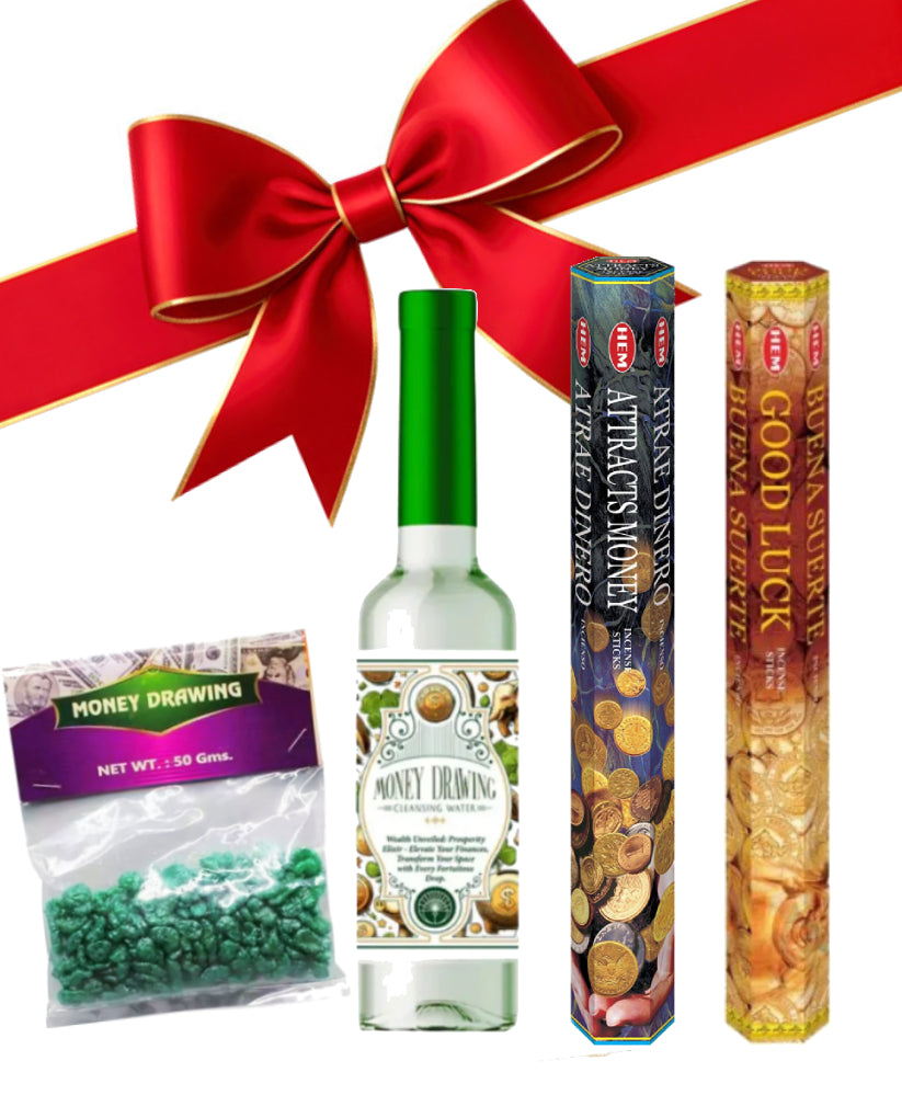 Gift set with money-drawing incense, bottle, and other items against a white background