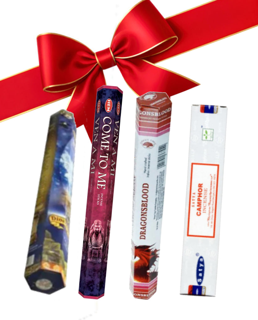 Incense sticks with colorful packaging and a red ribbon on a white background
