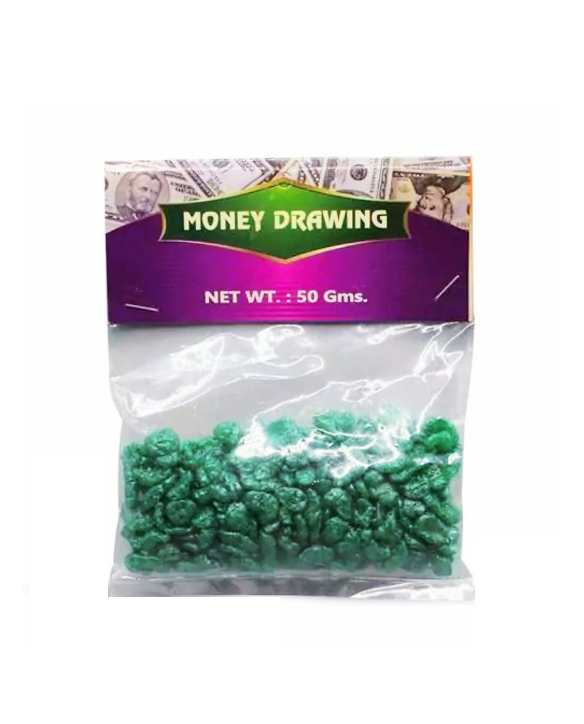Packaged green beads with a 'Money Drawing' label on a white background