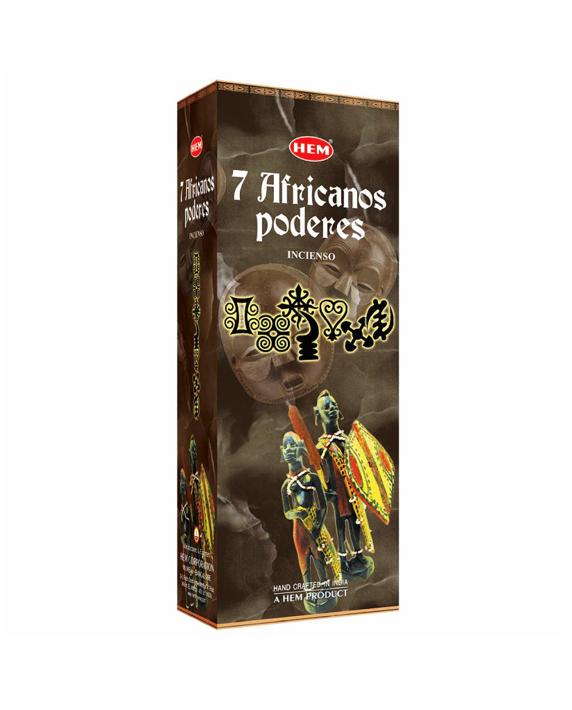 Box of HEM 7 Africanos Poderes incense with imagery and text on a white background