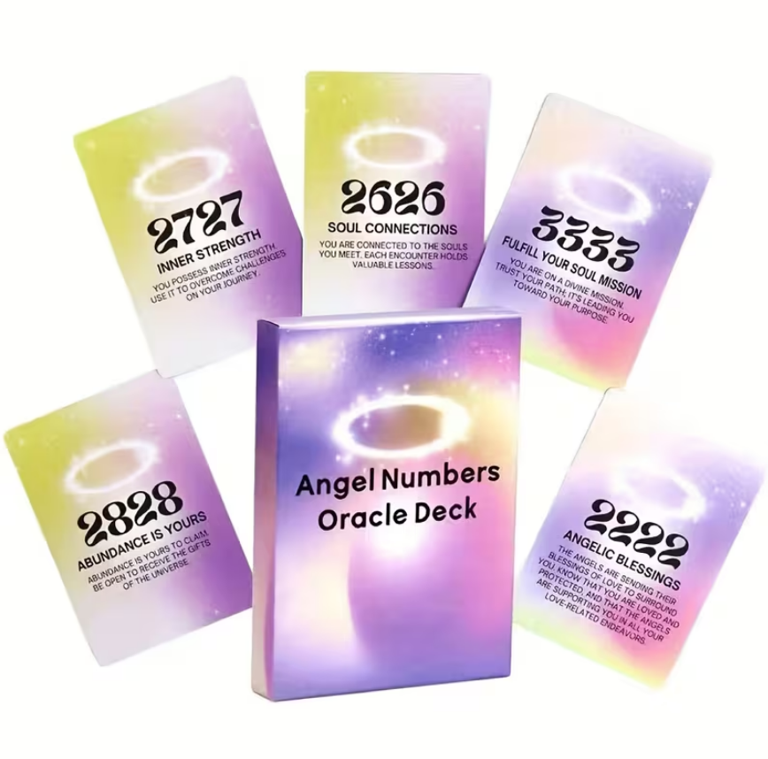 Set of angel number oracle cards with colorful designs on a white background