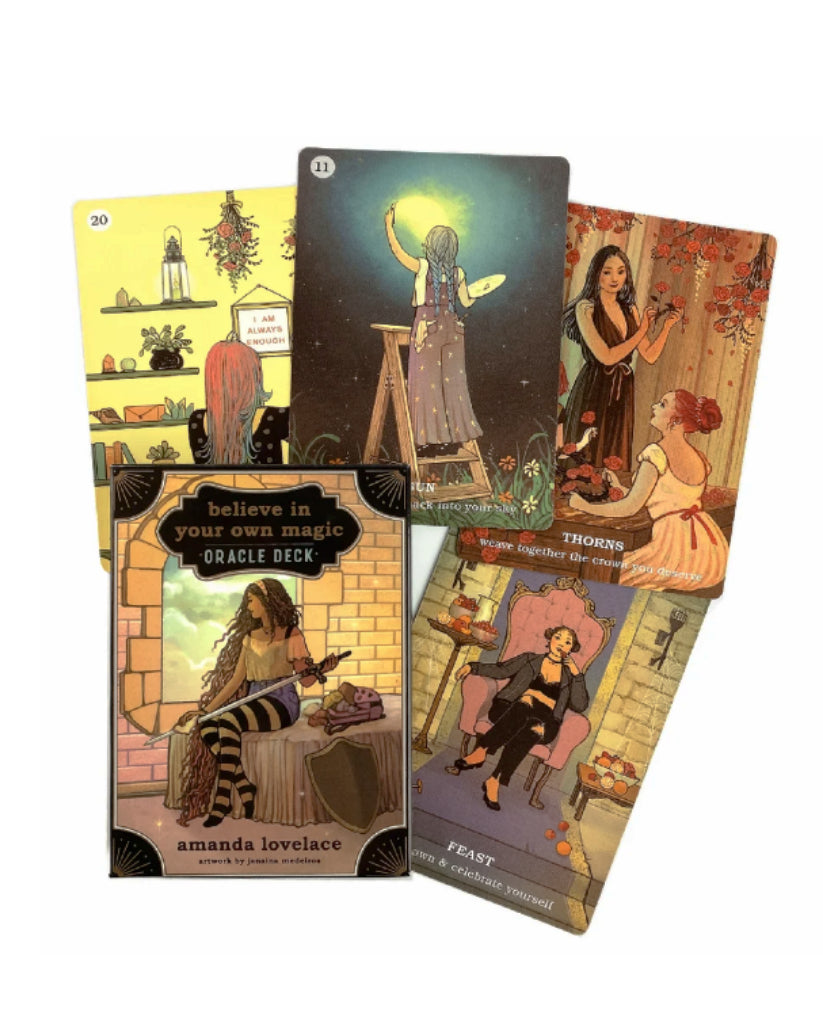 Set of oracle cards with colorful illustrations and text on a white background