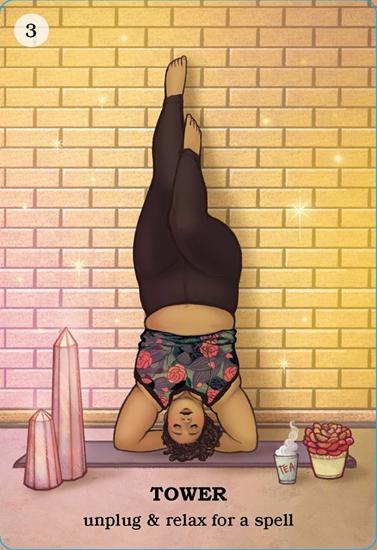 Illustration of a person in a headstand with a brick wall background, featuring text 'Tower: unplug & relax for a spell'.