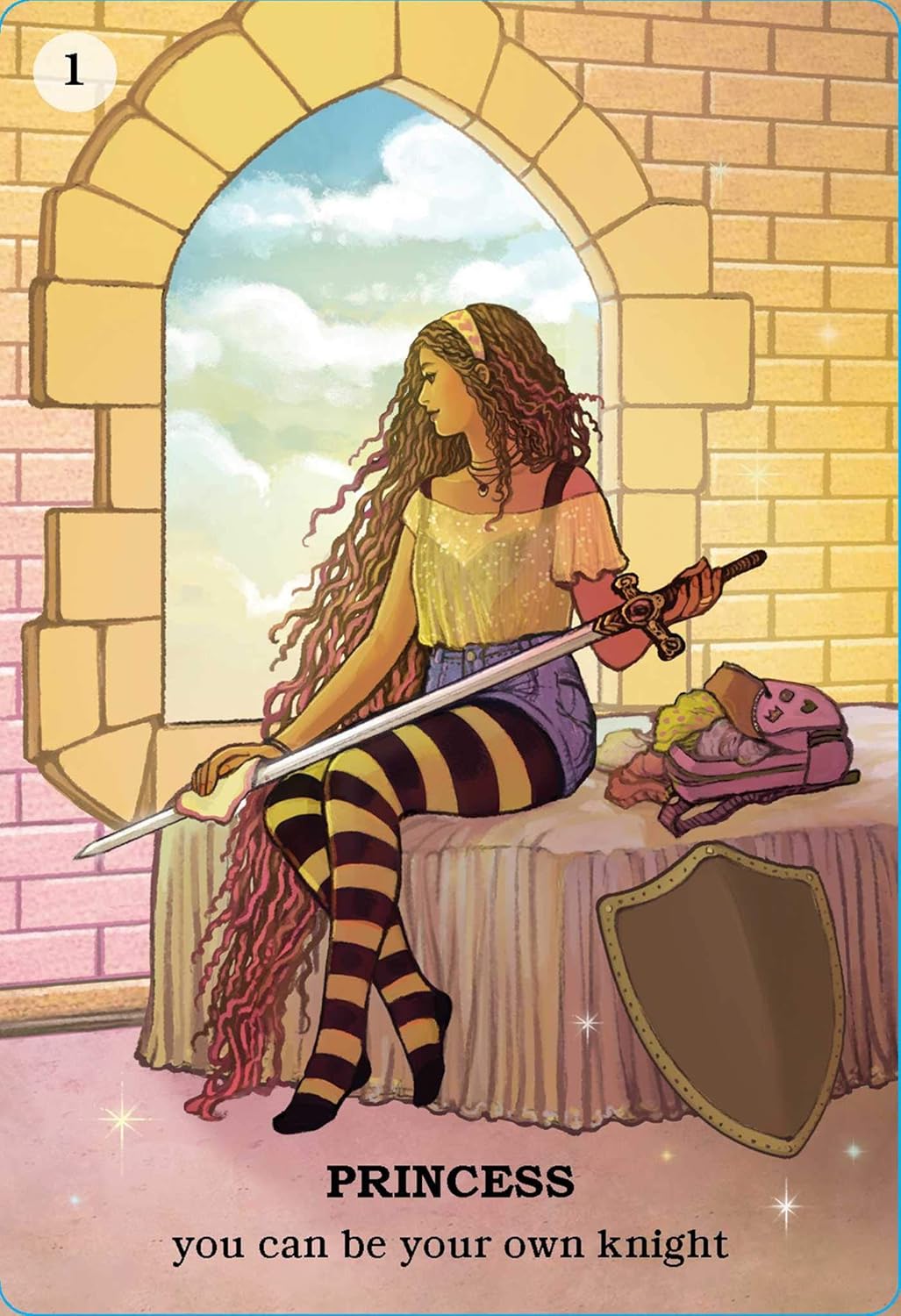 Illustration of a princess with a sword and shield, sitting on a bed in a castle room.