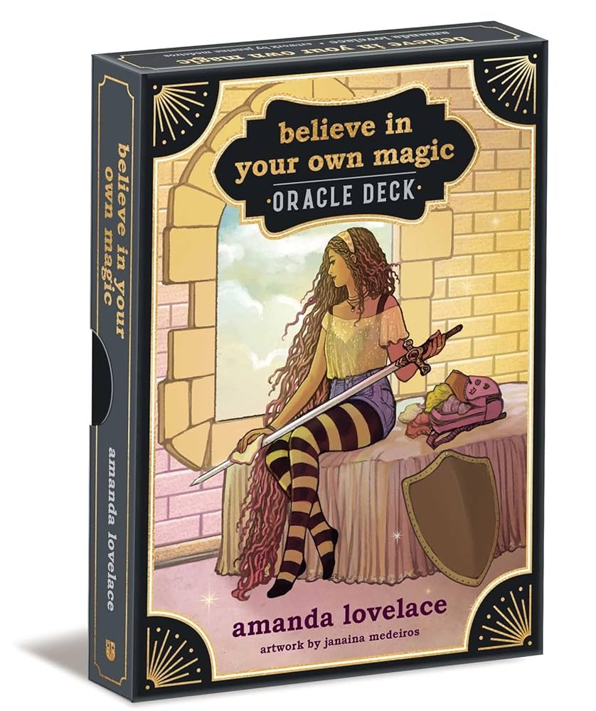 Oracle deck packaging with illustration of a woman and text 'believe in your own magic' by Amanda Lovelace.