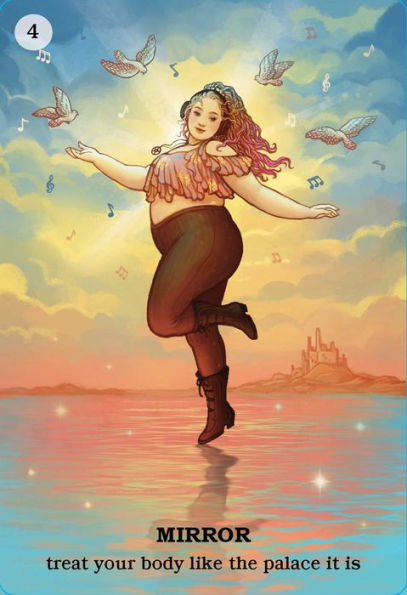 Illustration of a woman dancing with butterflies on a colorful background, with text 'Mirror treat your body like the palace it is'.
