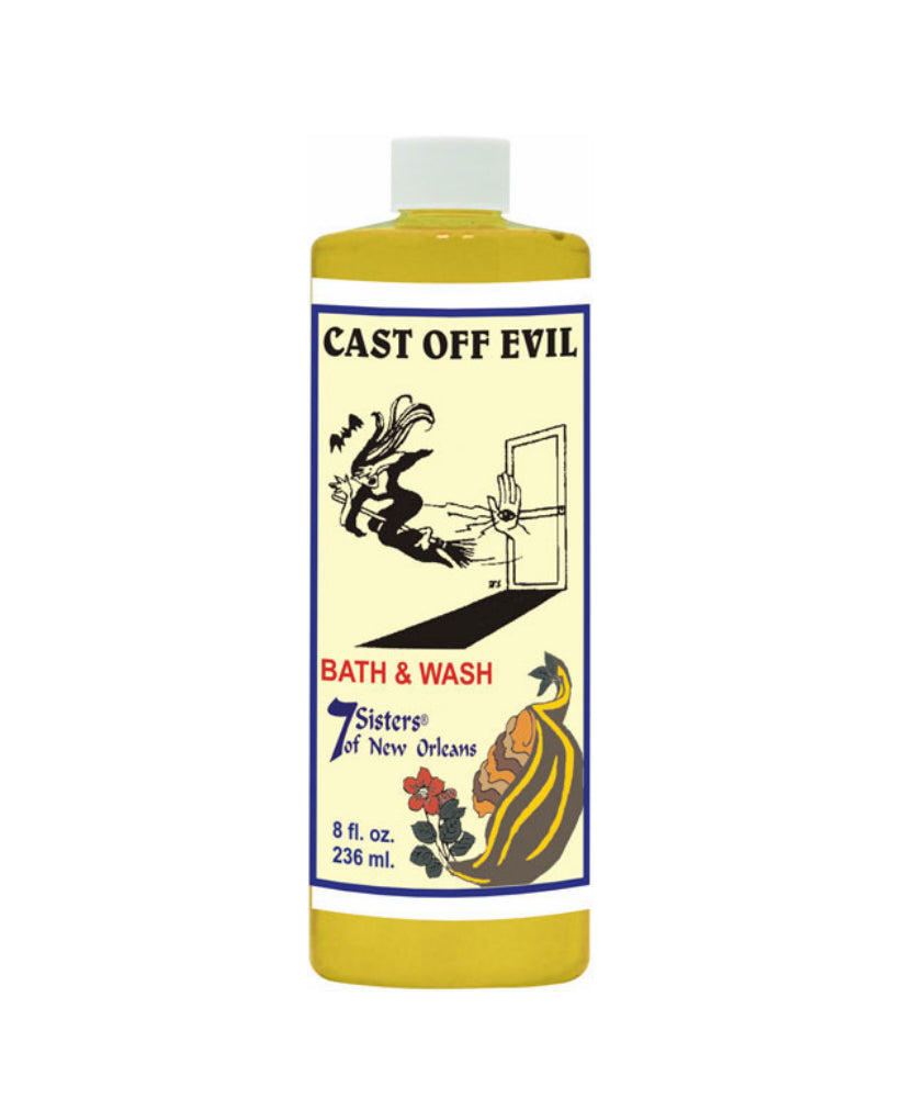 Bottle of 'Cast Off Evil' bath and wash with a colorful label on a white background