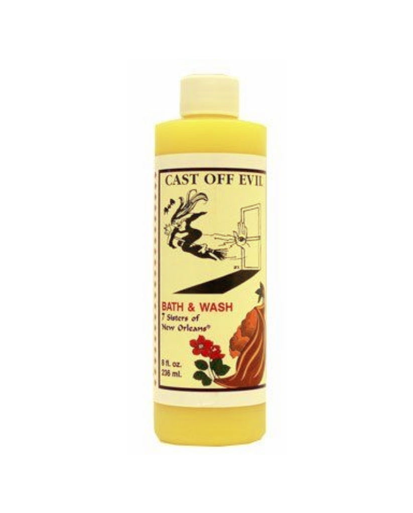 Yellow bottle of 'Cast Off Evil' bath & wash on a white background