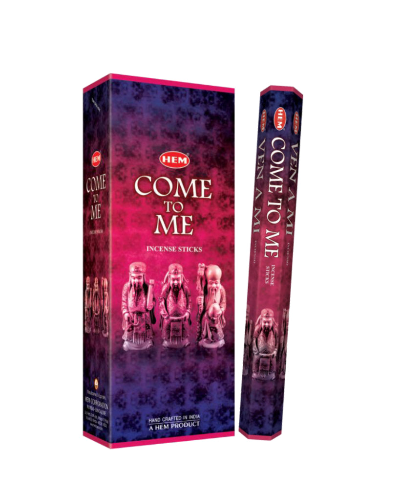 Hem 'Come To Me' incense sticks packaging with purple and red design.