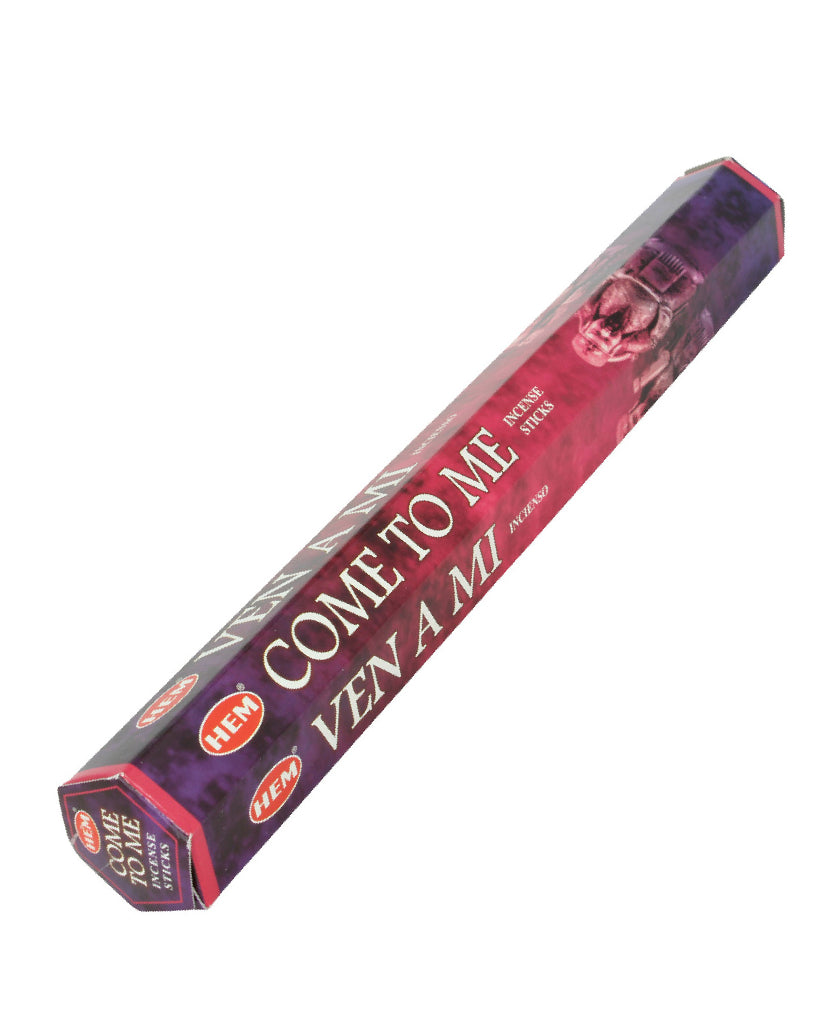 Incense stick box labeled 'Come to Me' on a white background