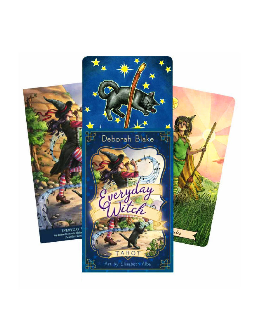 Tarot cards with colorful illustrations and 'Everyday Witch' branding on a white background