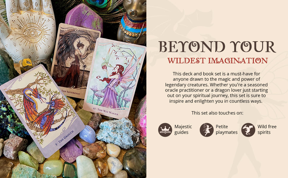 Collection of tarot cards and crystals with promotional text for 'Beyond Your Wildest Imagination' set.