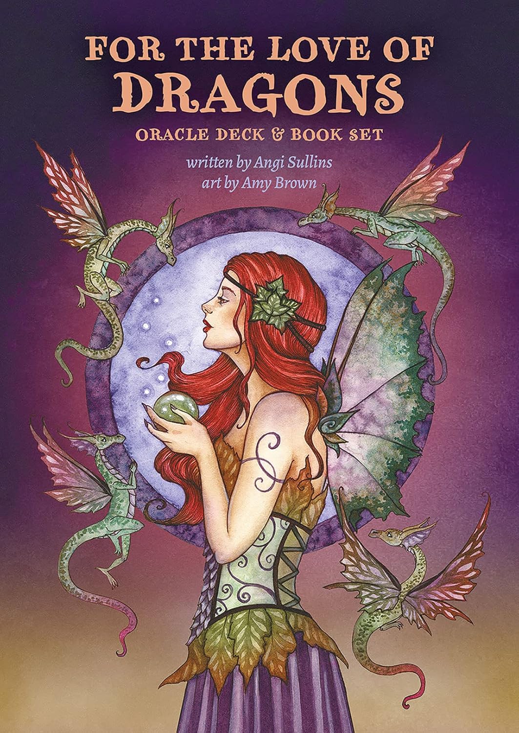 Book cover of 'For the Love of Dragons' Oracle Deck & Book Set with a woman holding a dragon and text on a purple background.