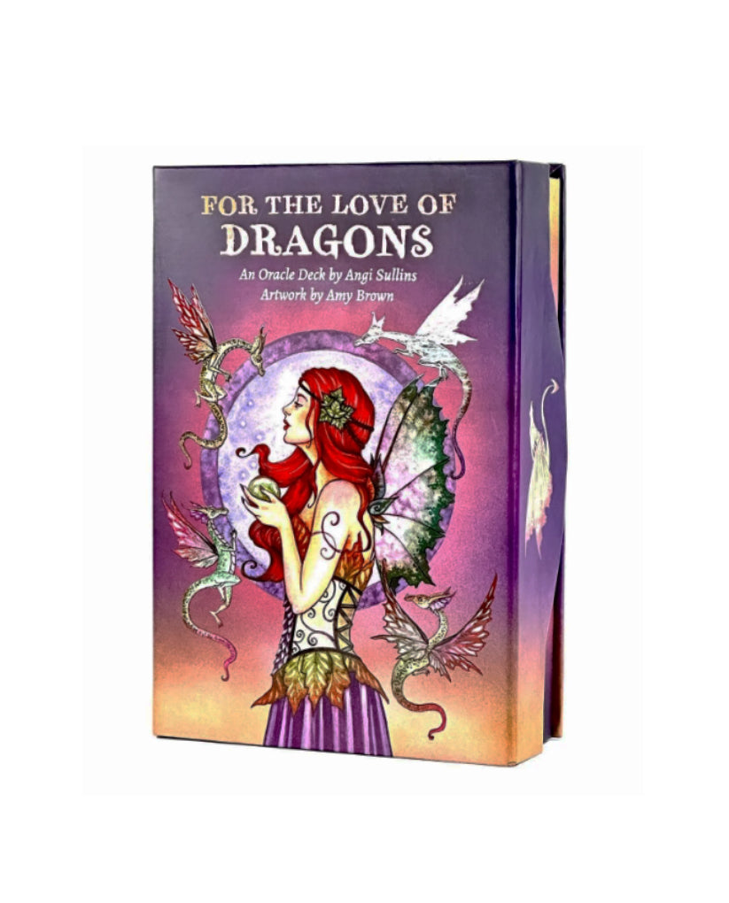 Card deck packaging titled 'For the Love of Dragons' with a fairy and dragon illustration on a white background.