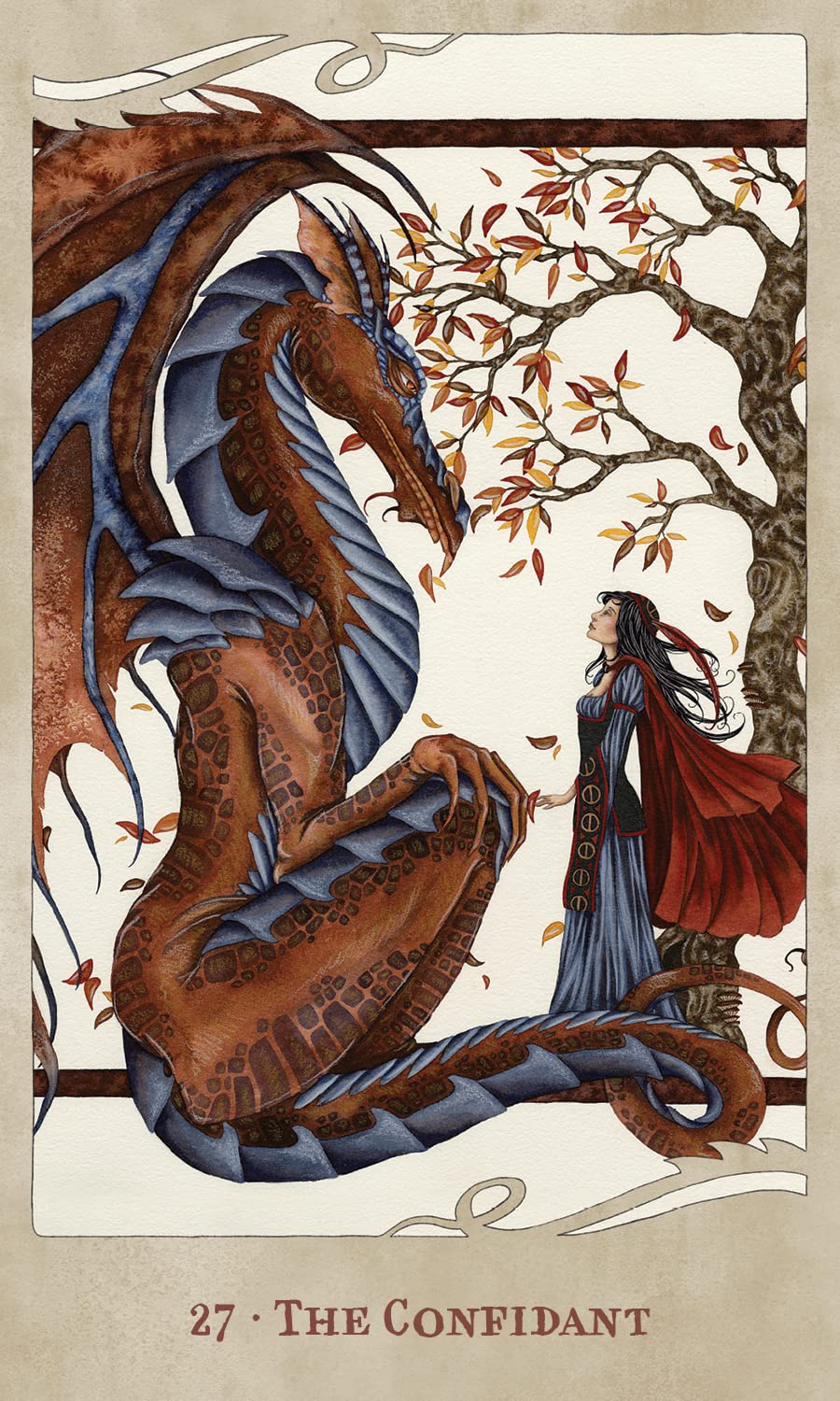 Card featuring a dragon and a woman under an autumn tree, labeled 'The Confidant'.