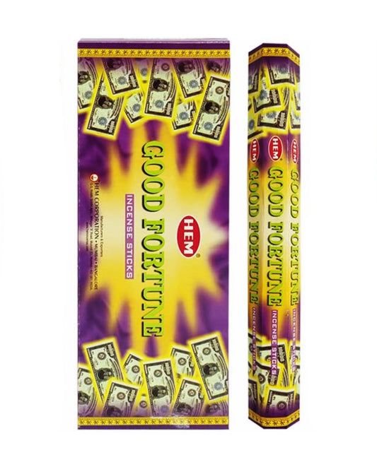 Good Fortune incense sticks packaging with purple and yellow design on a white background