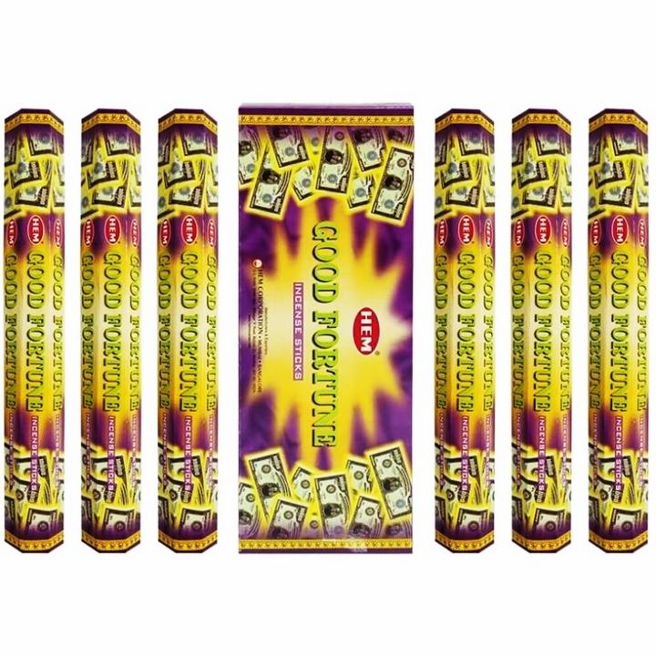 Incense sticks with packaging labeled 'Good Fortune' on a white background