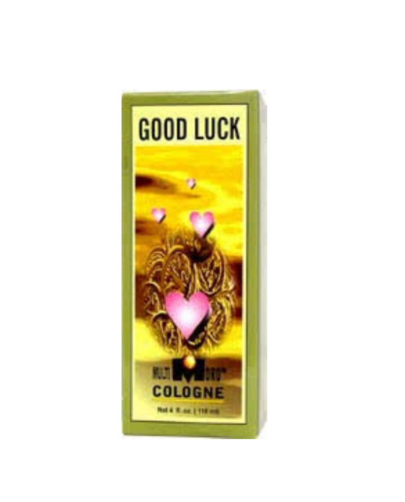 Good Luck cologne packaging with gold design and pink hearts on a white background