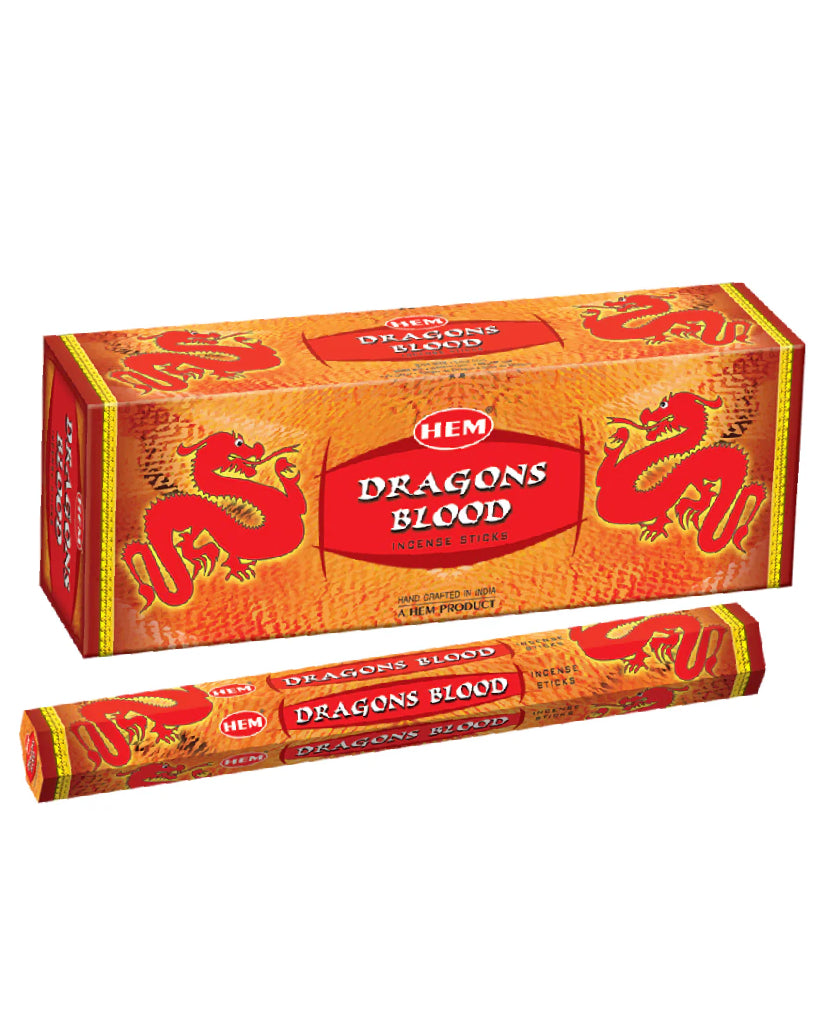 Box of HEM Dragons Blood incense with a single stick in front on a white background