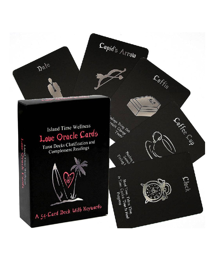 Black oracle cards with white symbols and text, displayed with a box labeled 'Island Time Wellness Love Oracle Cards'.
