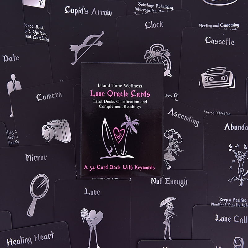 Love Oracle Cards packaging with tarot card illustrations on a black background