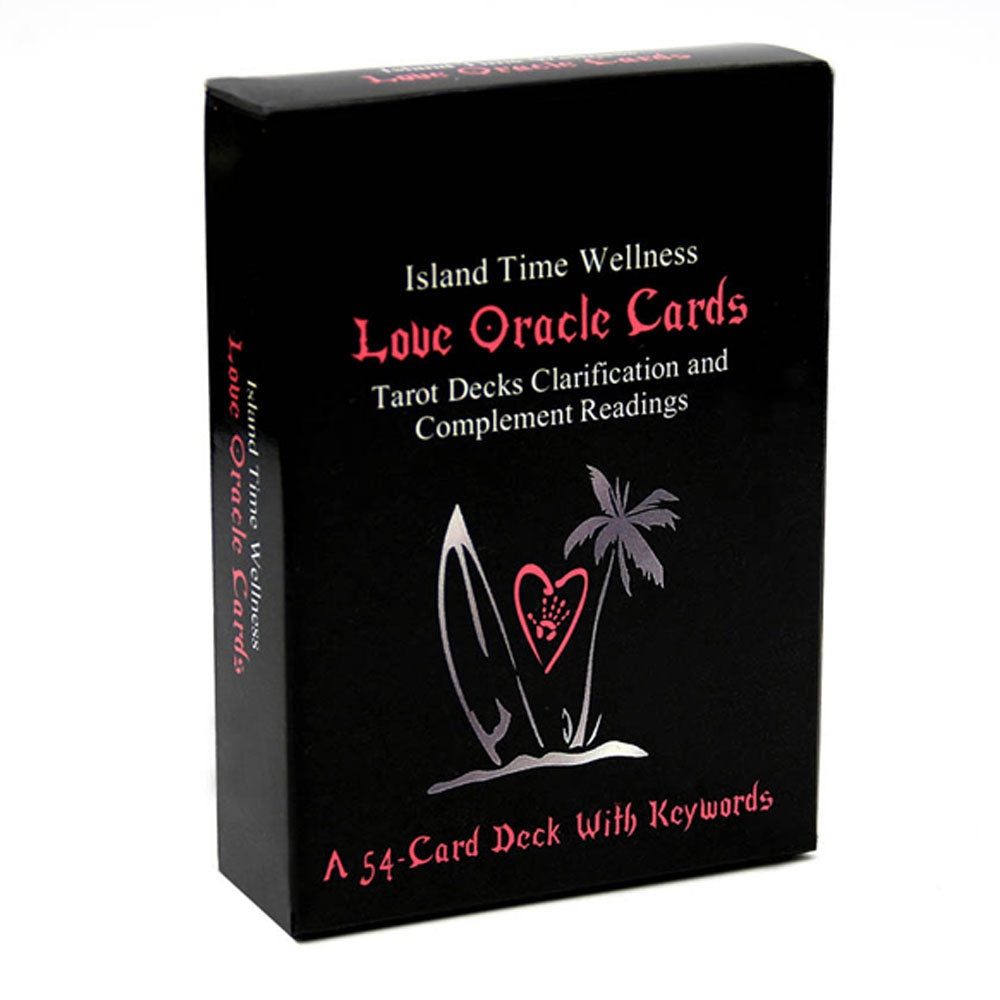 Black box of Island Time Wellness Love Oracle Cards with text and a heart design on a white background