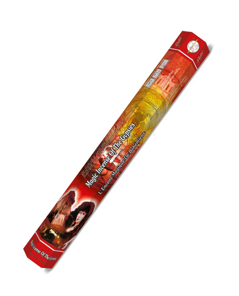 Incense sticks with packaging featuring a red and orange design on a white background