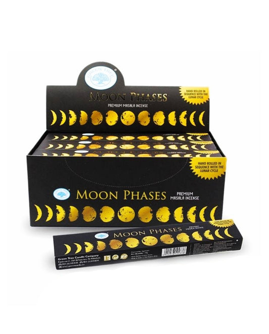 Moon Phases premium incense packaging with black and yellow design.