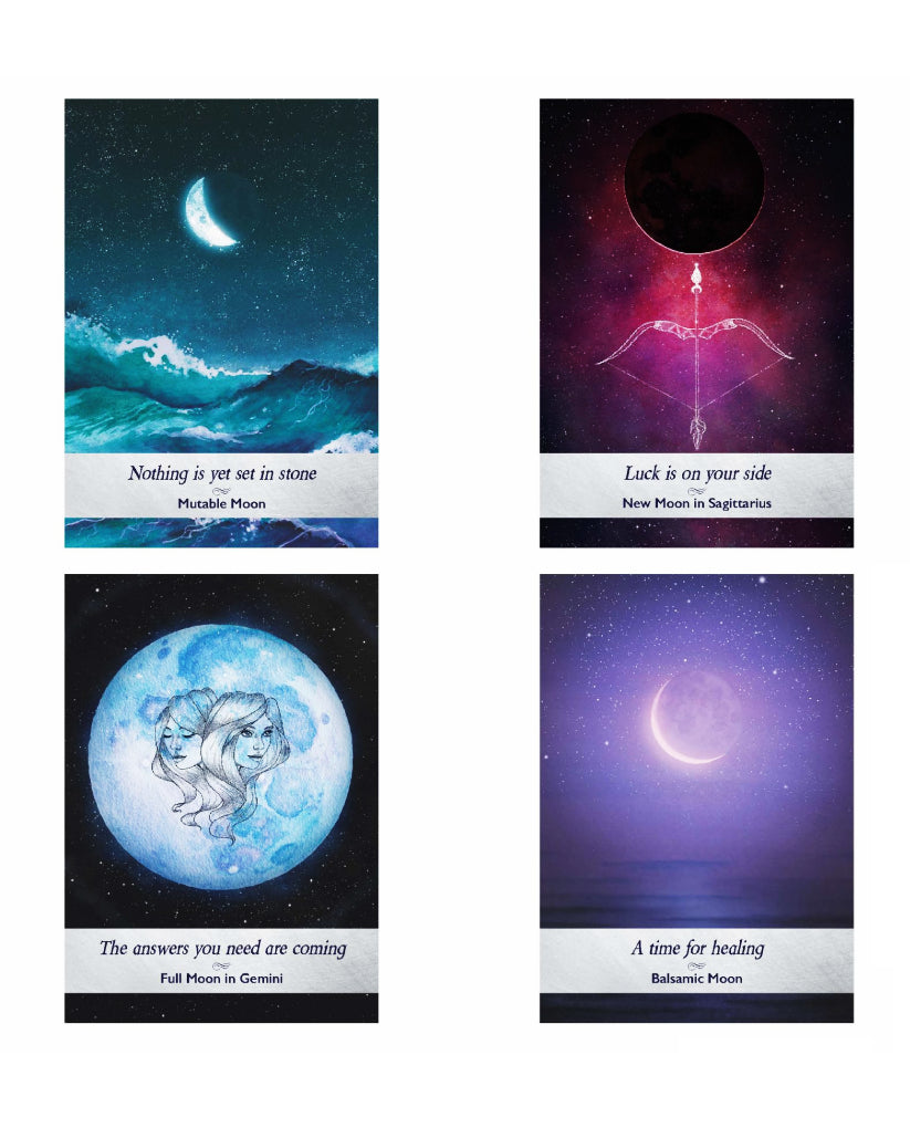 Four tarot cards with celestial designs 
