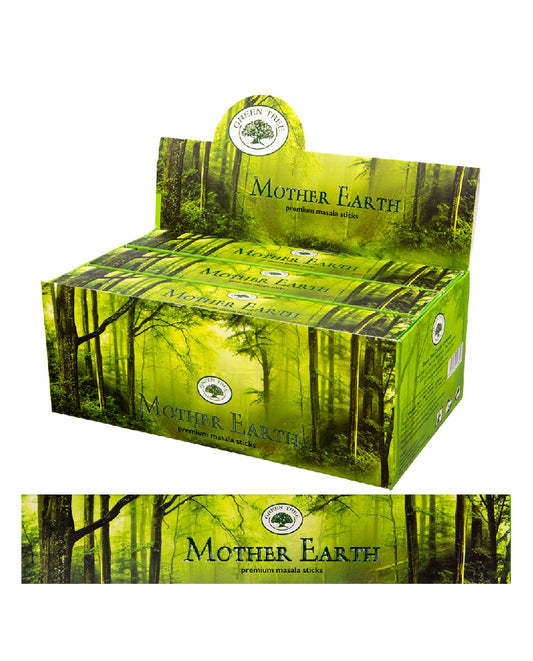 Display box for Mother Earth products with green forest design