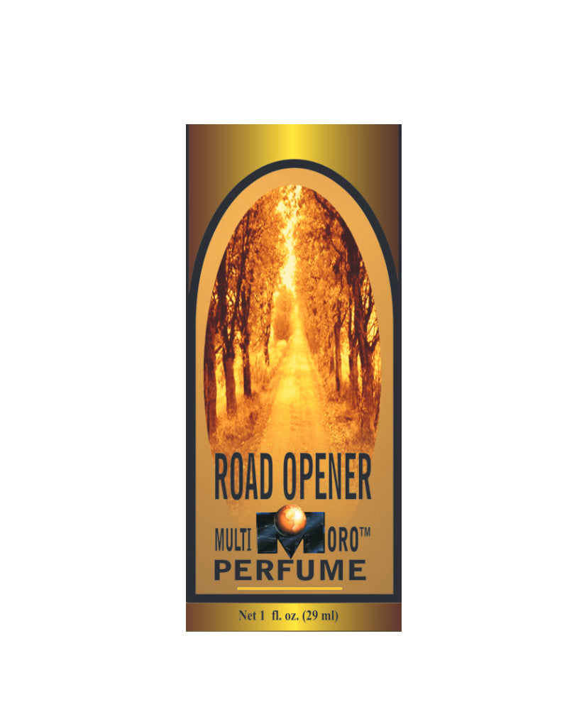 Perfume bottle labeled 'Road Opener' with a scenic design on the label.