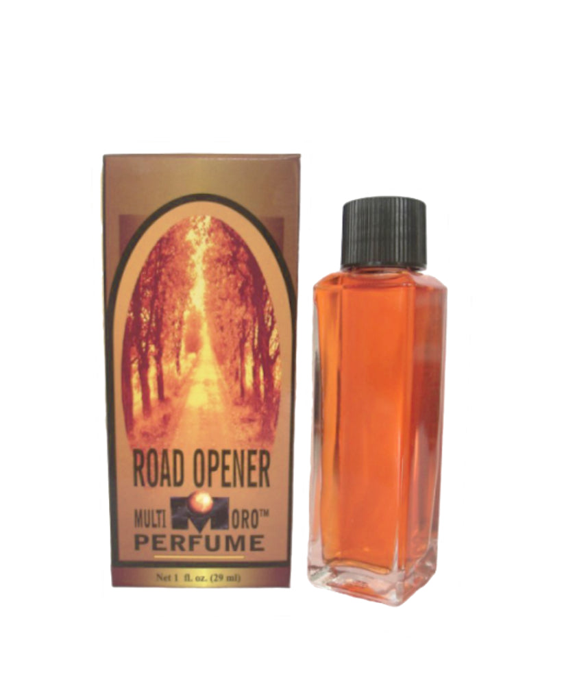 Perfume bottle and packaging of 'Road Opener' perfume on a white background