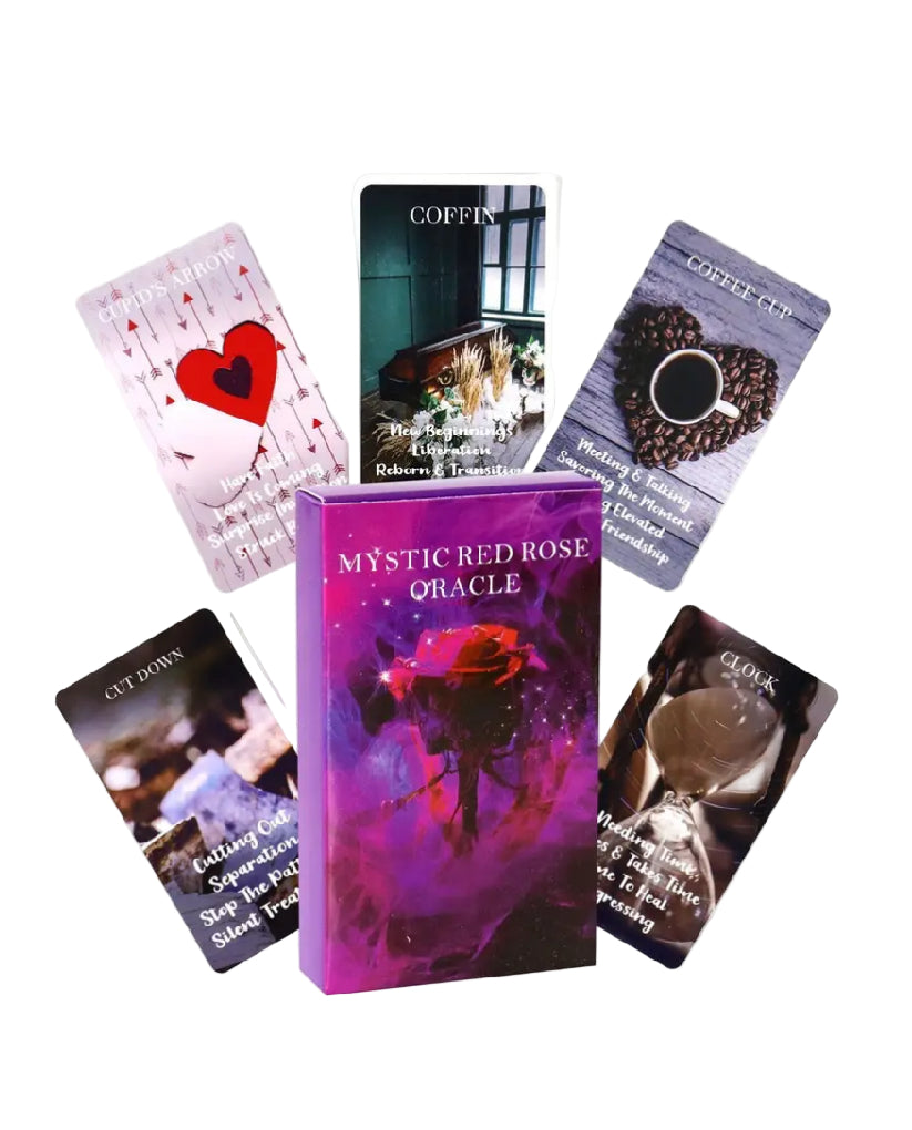 Collection of tarot cards with various designs and text on a white background