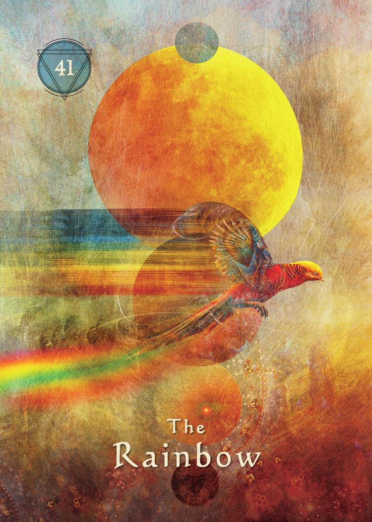 Card titled 'The Rainbow' with a colorful design featuring a bird and rainbow, on a textured background.