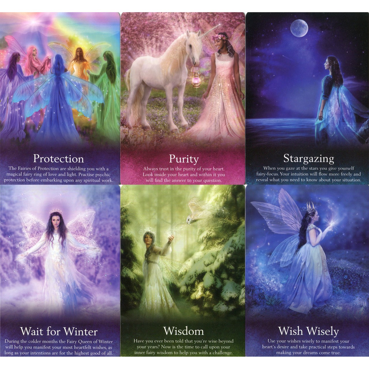Set of tarot cards featuring fairies with descriptive text on each card.