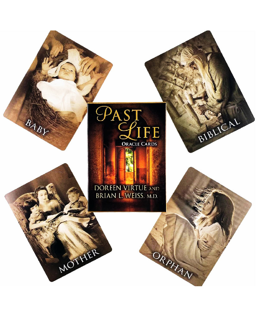 Past Life Oracle Cards by Doreen Virtue and Brian Weiss with a central card showing 'Past Life'.