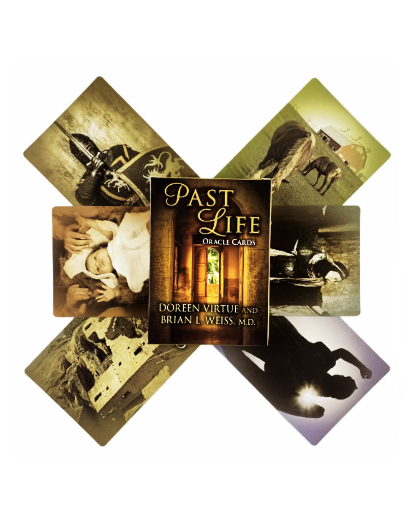 Past Life Oracle Cards with a central book titled 'Past Life Oracle Cards' by Doreen Virtue and Brian L. Weiss, M.D.