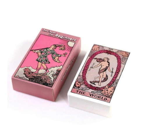 Pink tarot card box with tarot card design on a white background