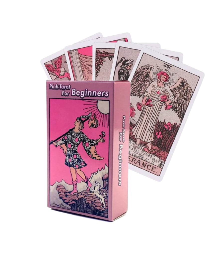 Pink Tarot card set with deck and box on a white background
