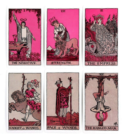 Set of tarot cards with illustrations and text on a pink background