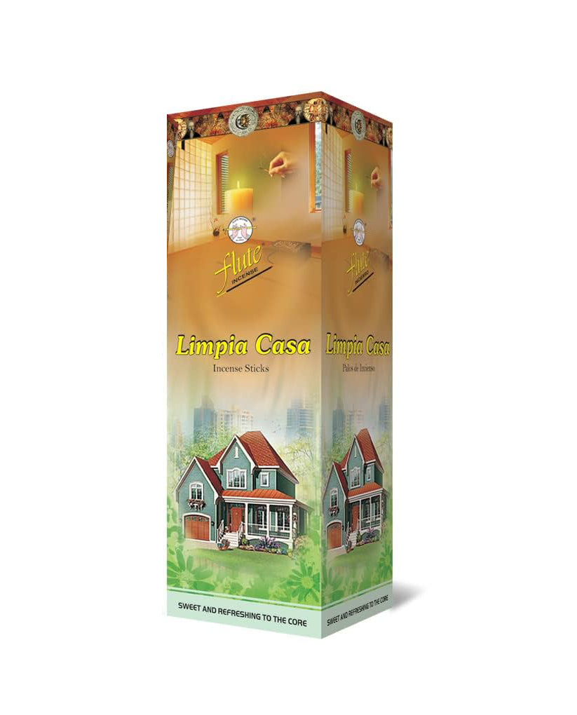 Box of Limpia Casa incense sticks with a house illustration on a white background