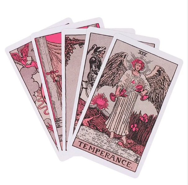 Tarot cards featuring the 'Temperance' card on a white background