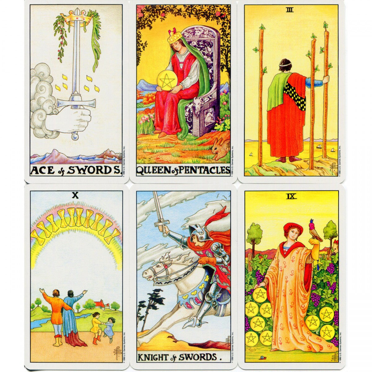 Set of six tarot cards with colorful illustrations and text