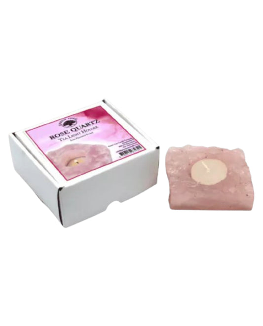 Rose Quartz tea light holder with packaging on a white background
