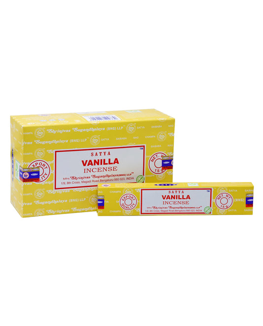 Two boxes of Satya Vanilla Incense on a white background