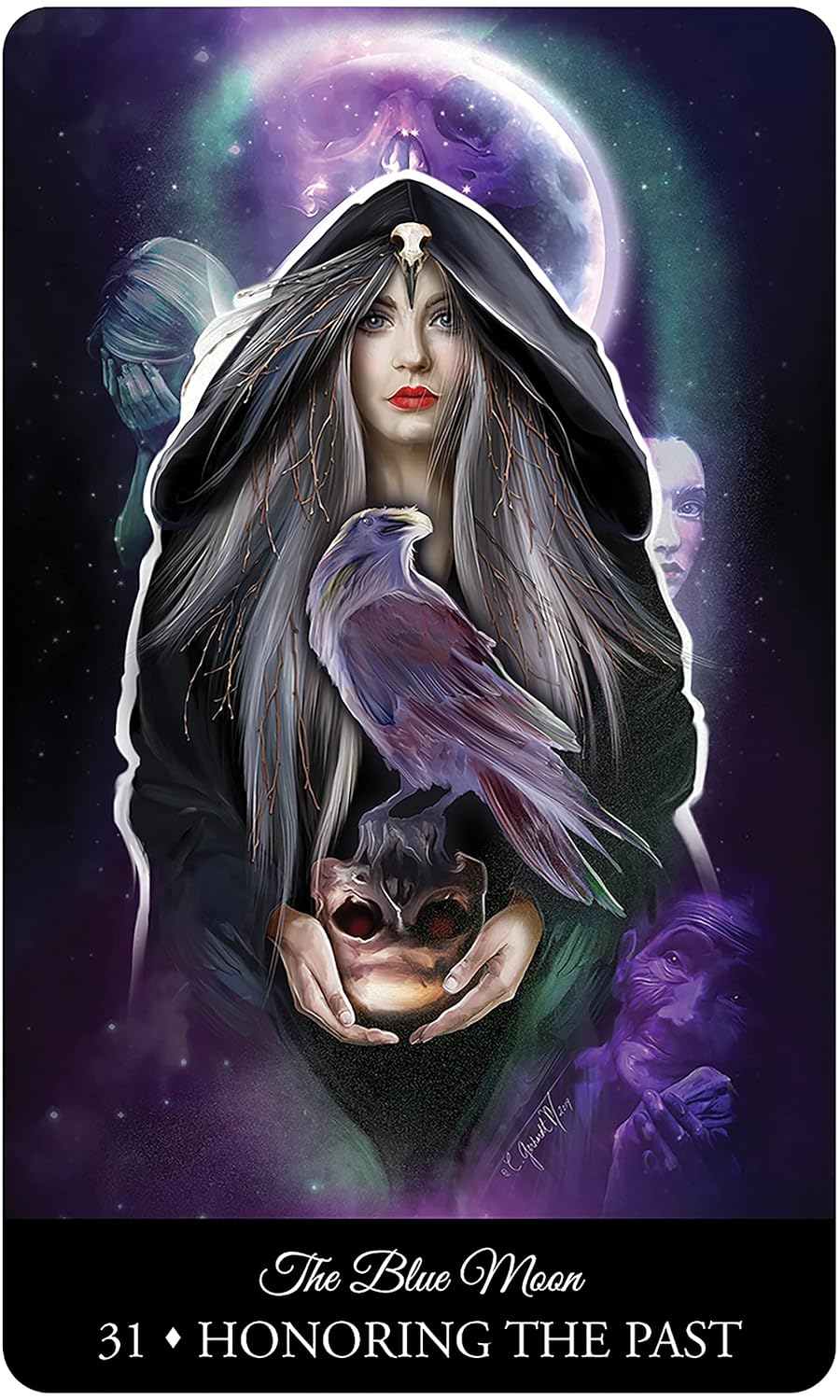 Tarot card featuring a hooded figure with a bird, crystal ball, and moon in the background
