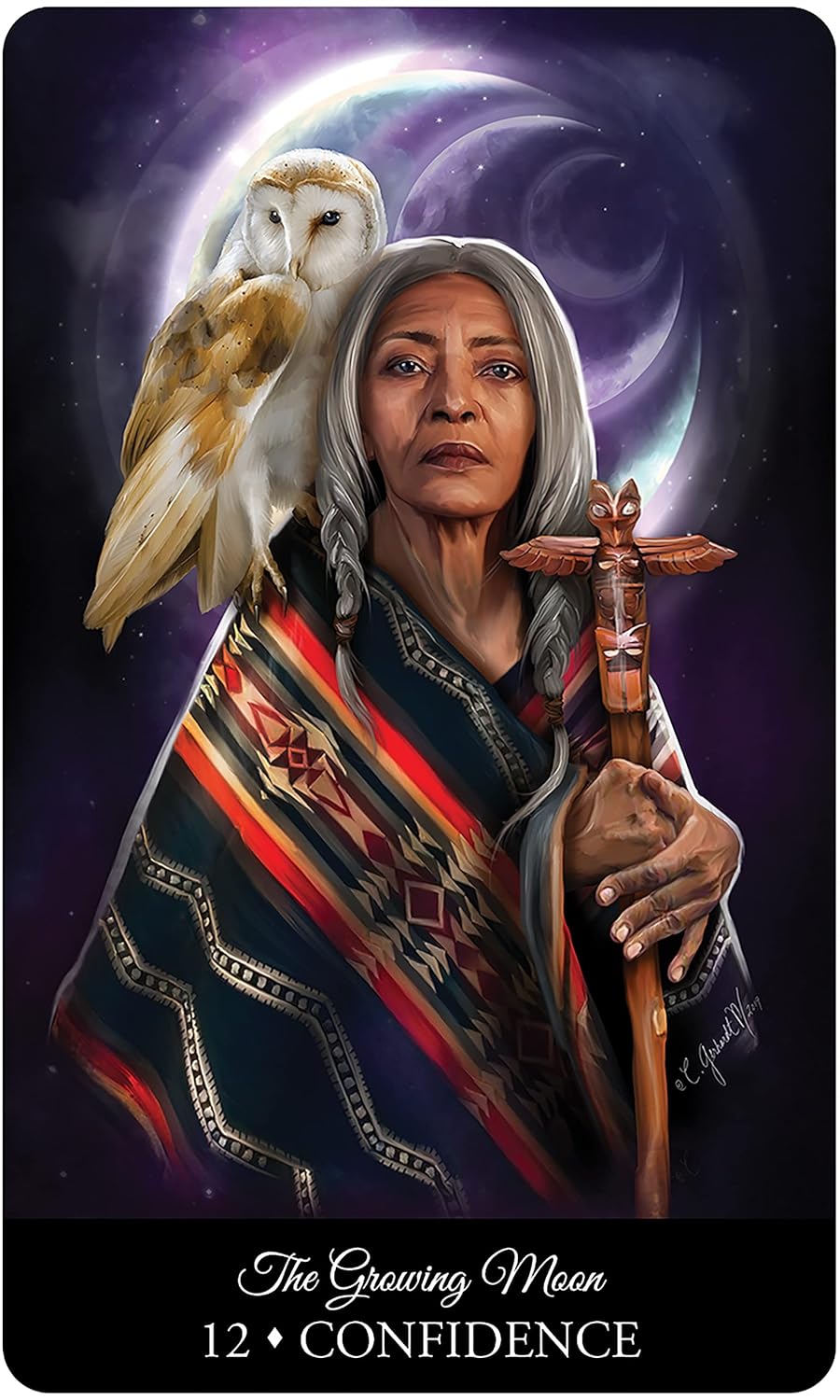 Card featuring a woman with an owl and a staff against a cosmic background, labeled 'The Graving Moon 12 Confidence'.