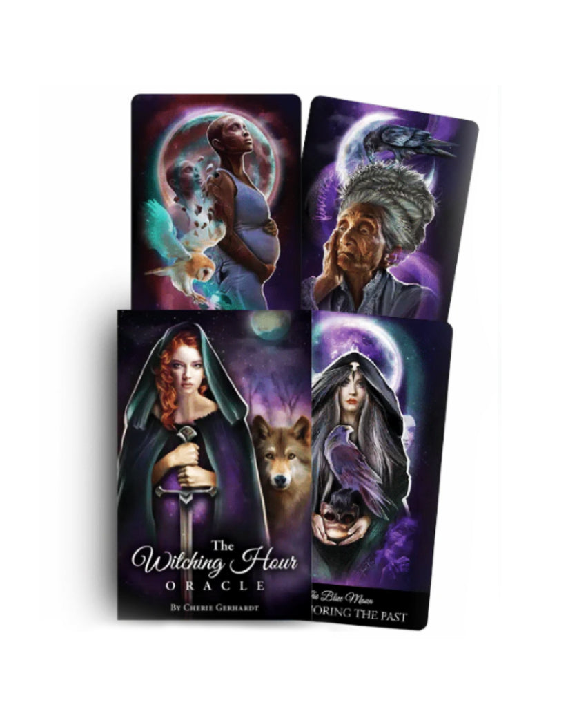 Four card covers from 'The Witching Hour Oracle' with colorful illustrations of people and animals on a white background.