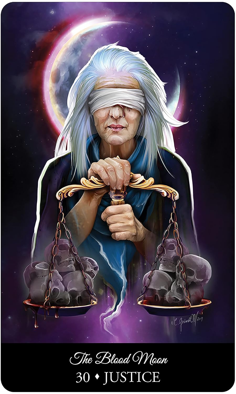 Tarot card featuring a figure with blindfolded eyes holding scales against a cosmic background